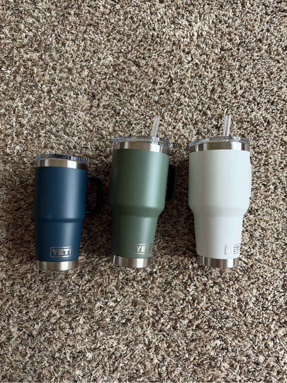 Set of Yeti Tumblers - Navy, Olive Green, White